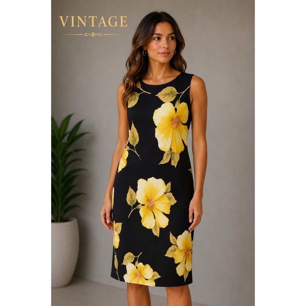L 64 | Vintage AGB Black & Yellow Hibiscus Floral Midi Dress 🌺